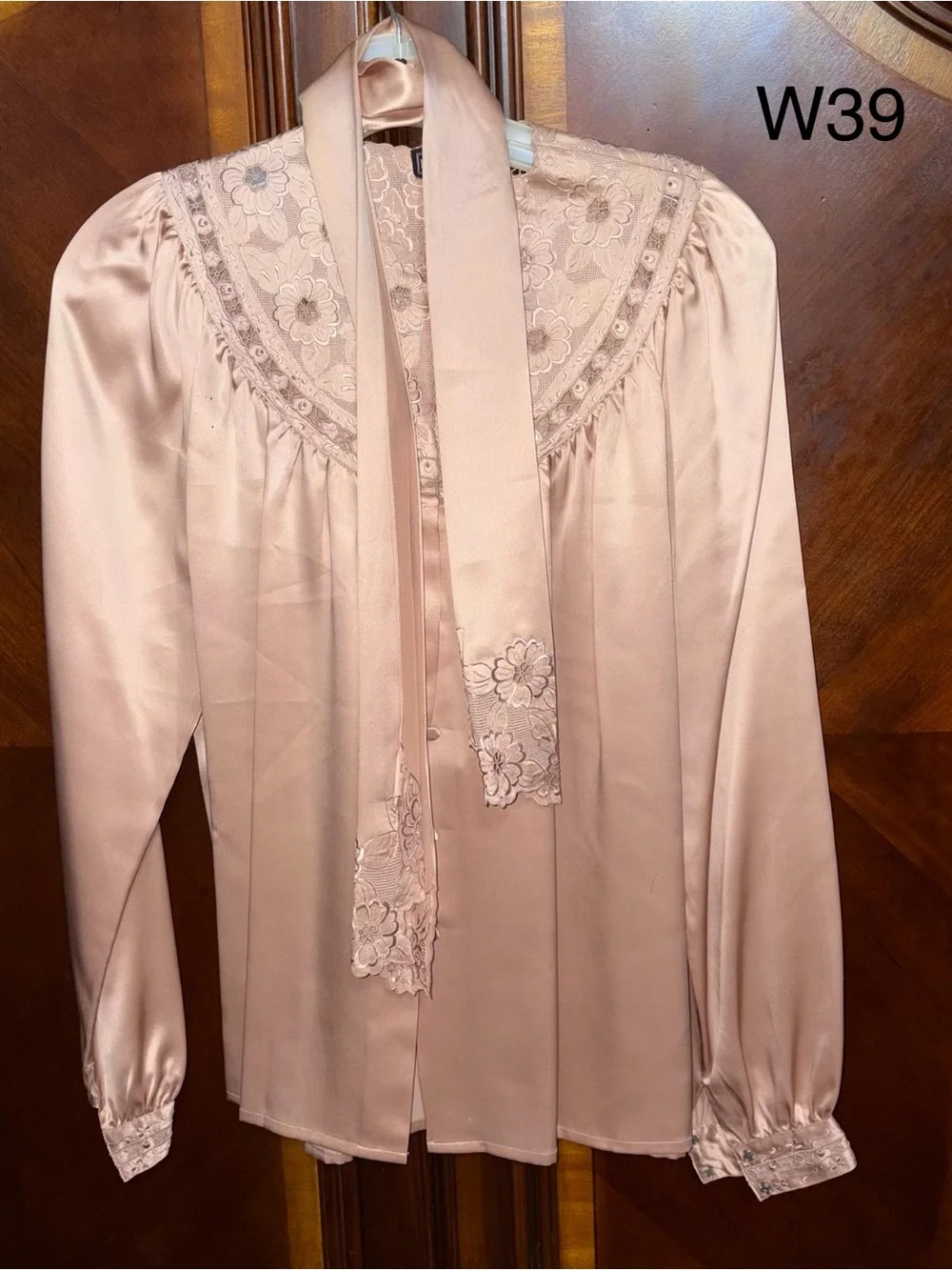 Women's Blush Pink Silk Button-Front Blouse with Lace and Scarf